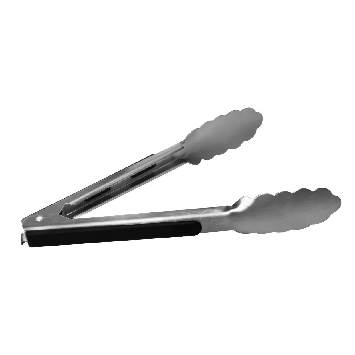 Stainless steel tongs with scalloped edges and a black grip, ideal for serving waffles and other foods with ease