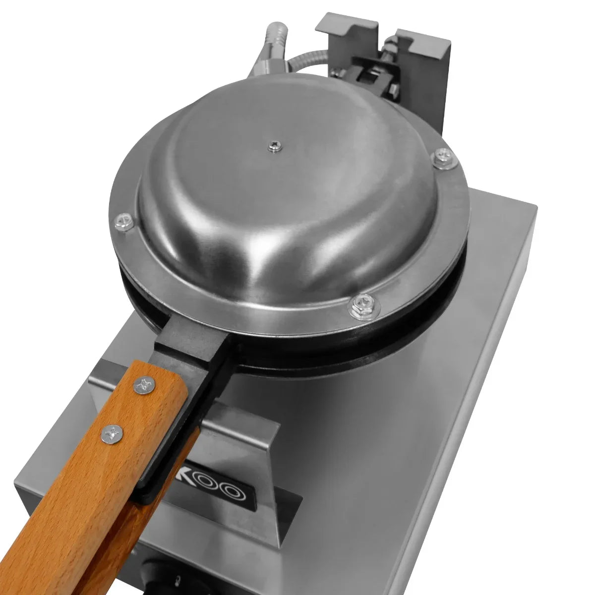 Stainless steel KuKoo single waffle maker with a wooden handle, featuring a round cooking plate and sleek design for easy use