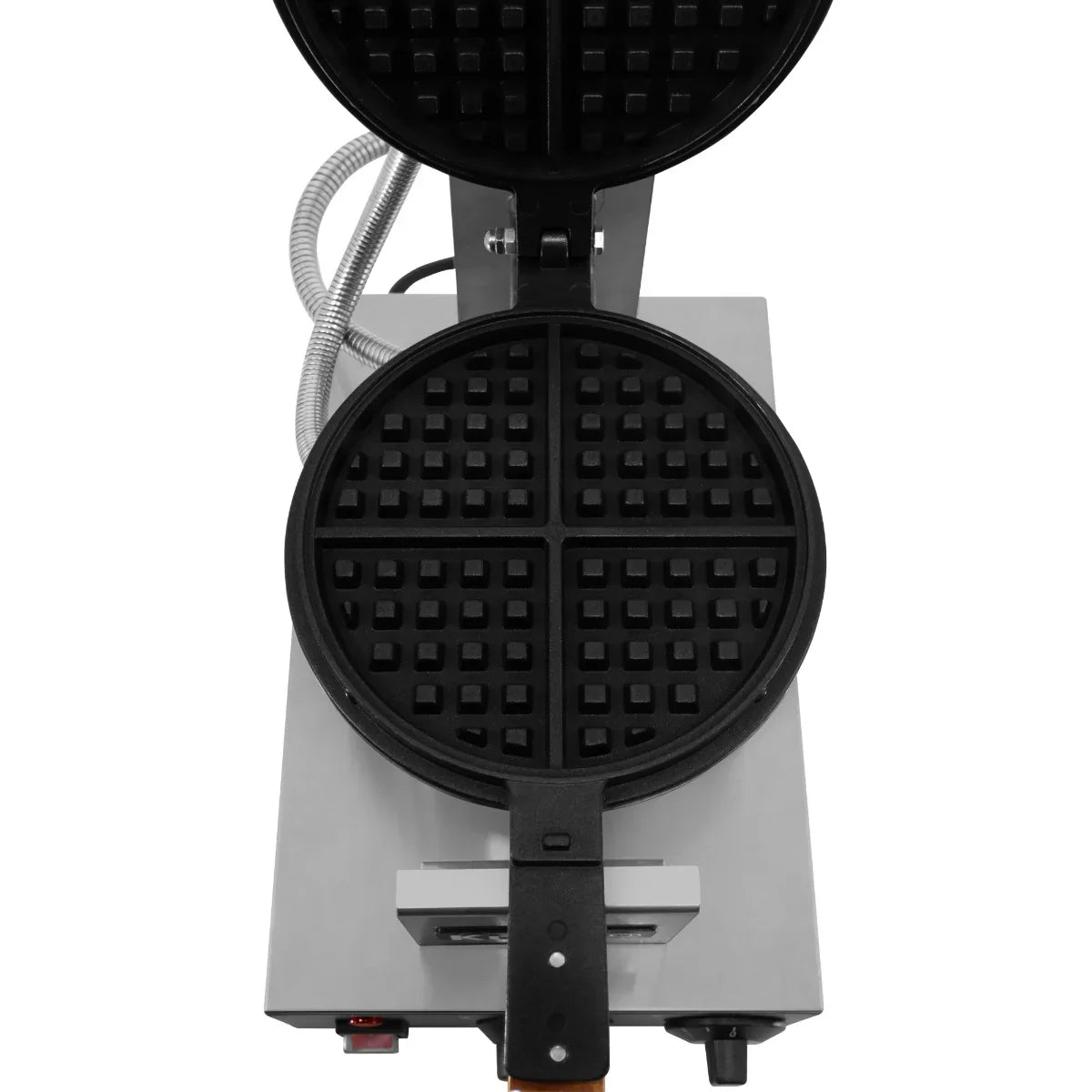 KuKoo Single Waffle Maker with a sleek stainless steel base, black non-stick cooking plates, and a compact design for easy storage