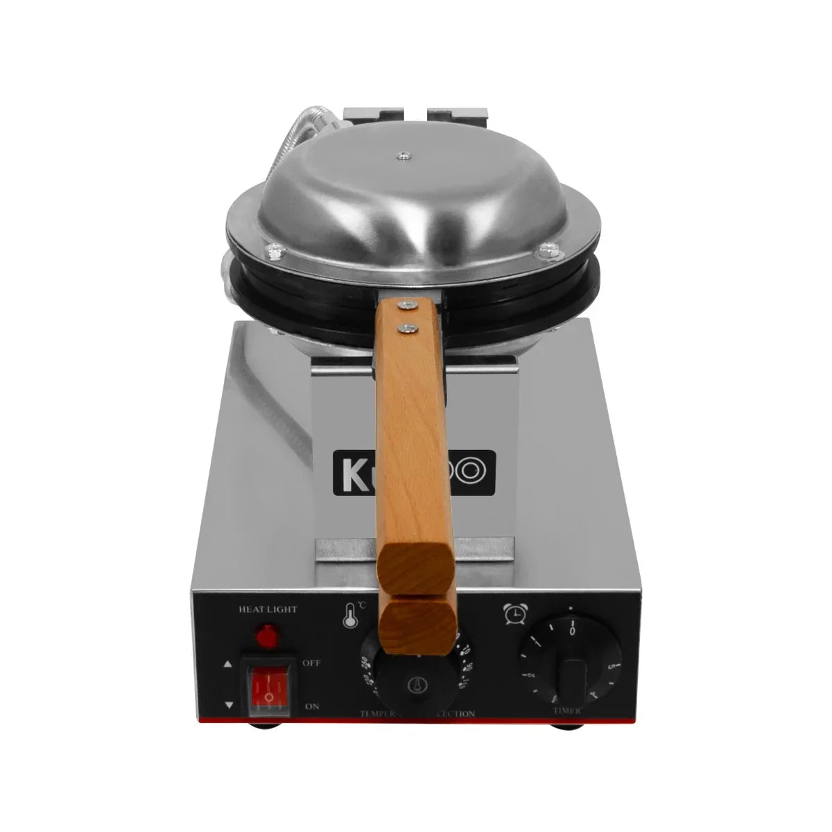 KuKoo Single Waffle Maker with a stainless steel top, wooden handle, and adjustable temperature control for perfect waffles