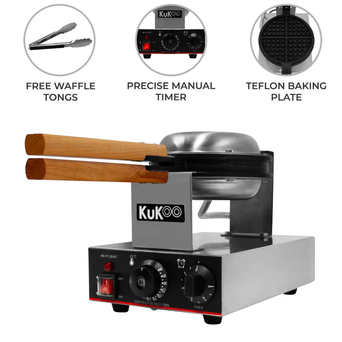 KuKoo Single Waffle Maker with Teflon baking plate, wooden handles, timer, and free tongs for easy waffle preparation