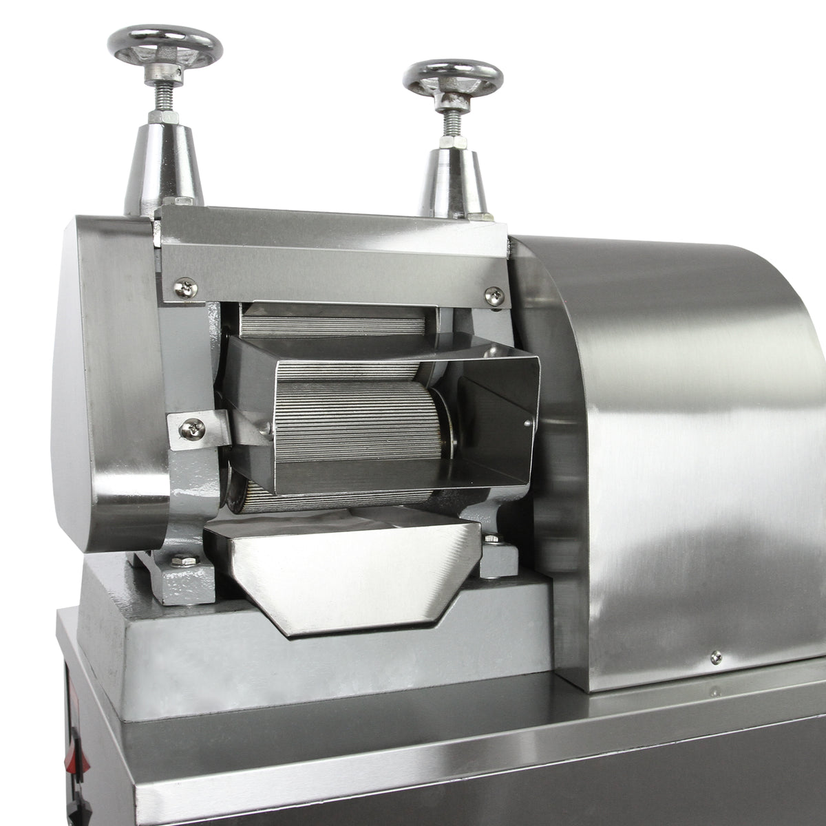 Stainless steel KuKoo sugar cane press with a sleek design, featuring a cylindrical crushing chamber and adjustable handles