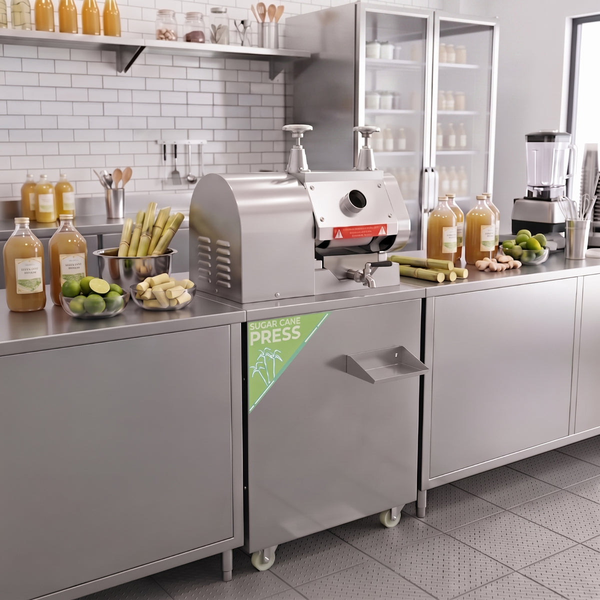 Stainless steel KuKoo sugar cane press on a kitchen counter, surrounded by bottles of juice, limes, and fresh sugar cane stalks