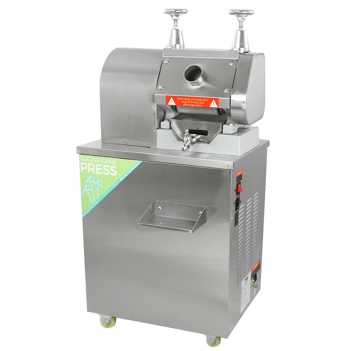 Stainless steel KuKoo sugar cane press with a sleek design, featuring a large feeding chute and sturdy base on wheels