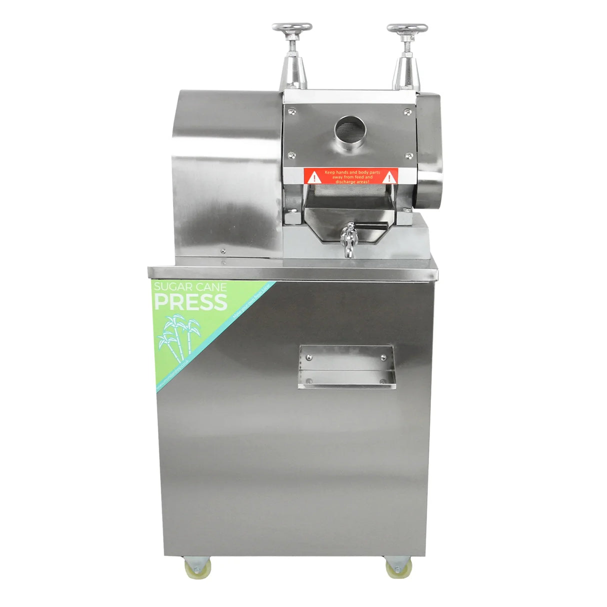 Stainless steel KuKoo sugar cane press with a sleek design, featuring a large feeding chute and sturdy wheels for easy mobility