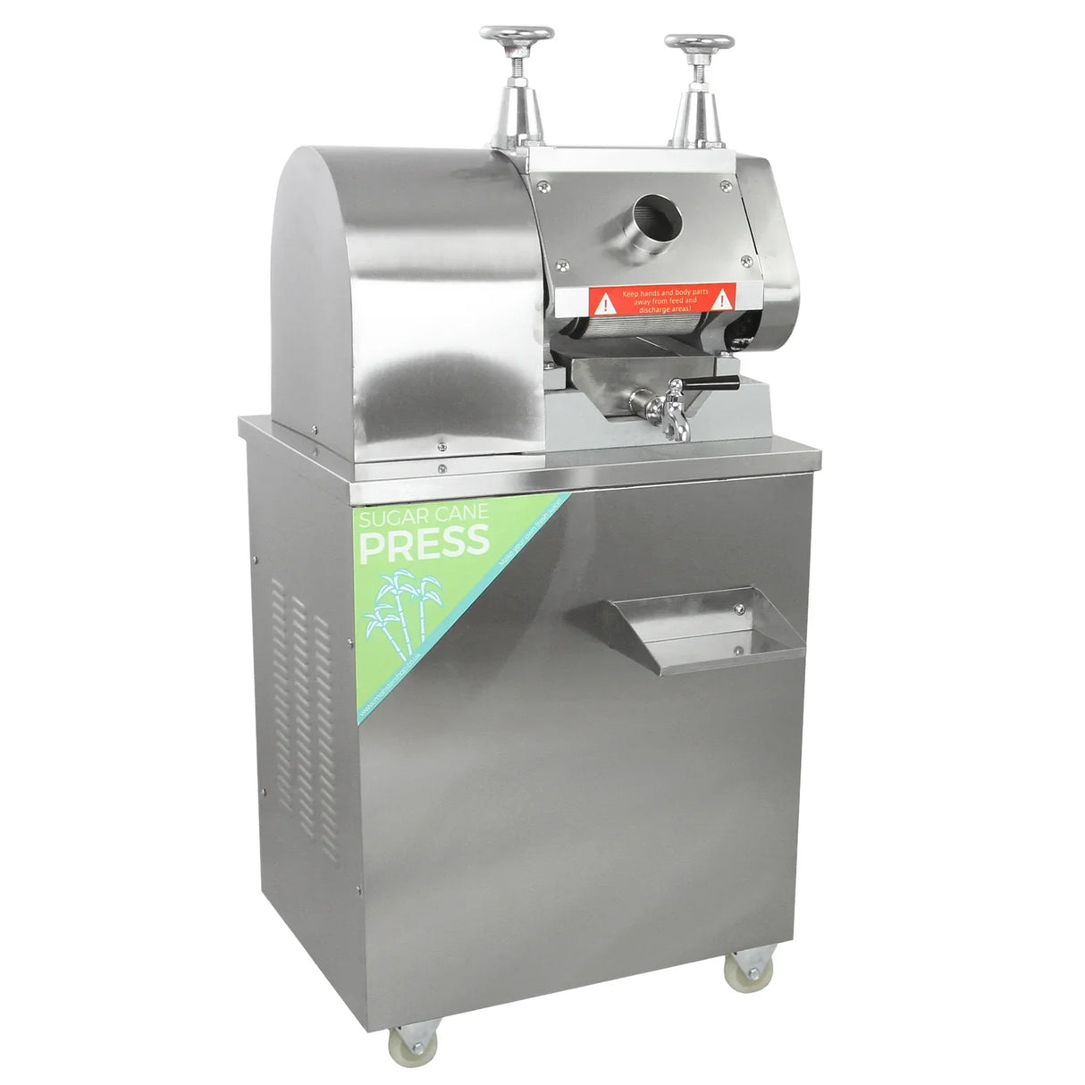 Stainless steel KuKoo sugar cane press with a sleek design, featuring a large opening, sturdy wheels, and a green label for easy identification