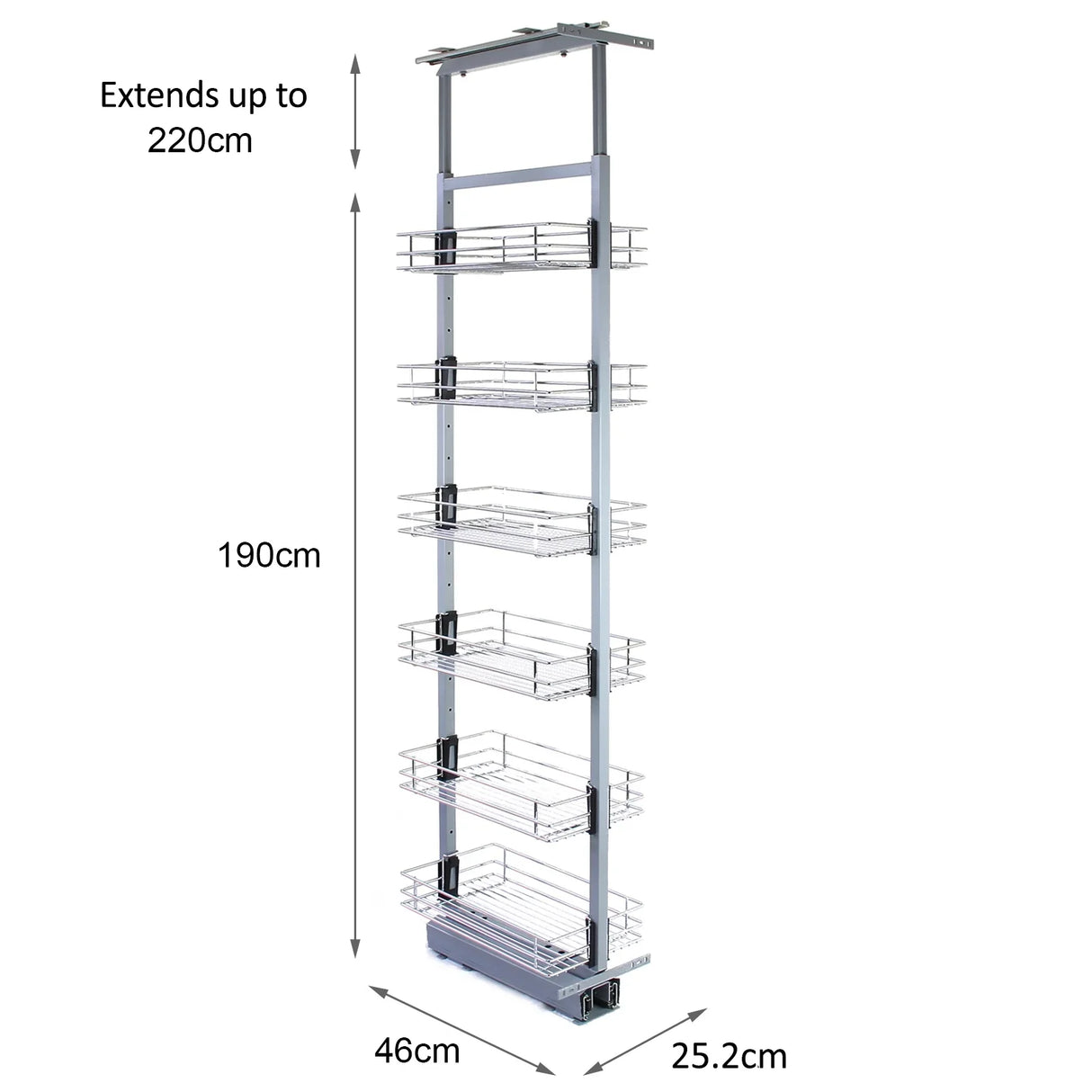 KuKoo pull-out soft close kitchen larder with five wire baskets, adjustable height from 190cm to 220cm, sleek silver finish