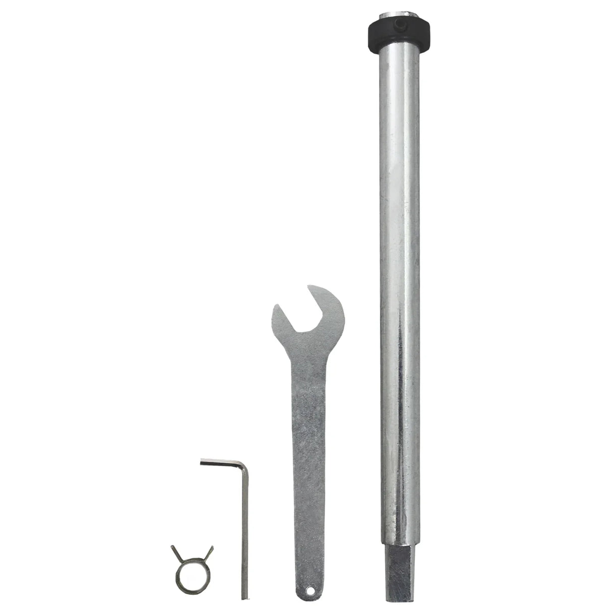 T-Mech Mortice Jig set includes a silver steel guide, a wrench, an Allen key, and a locking pin for precise drilling tasks