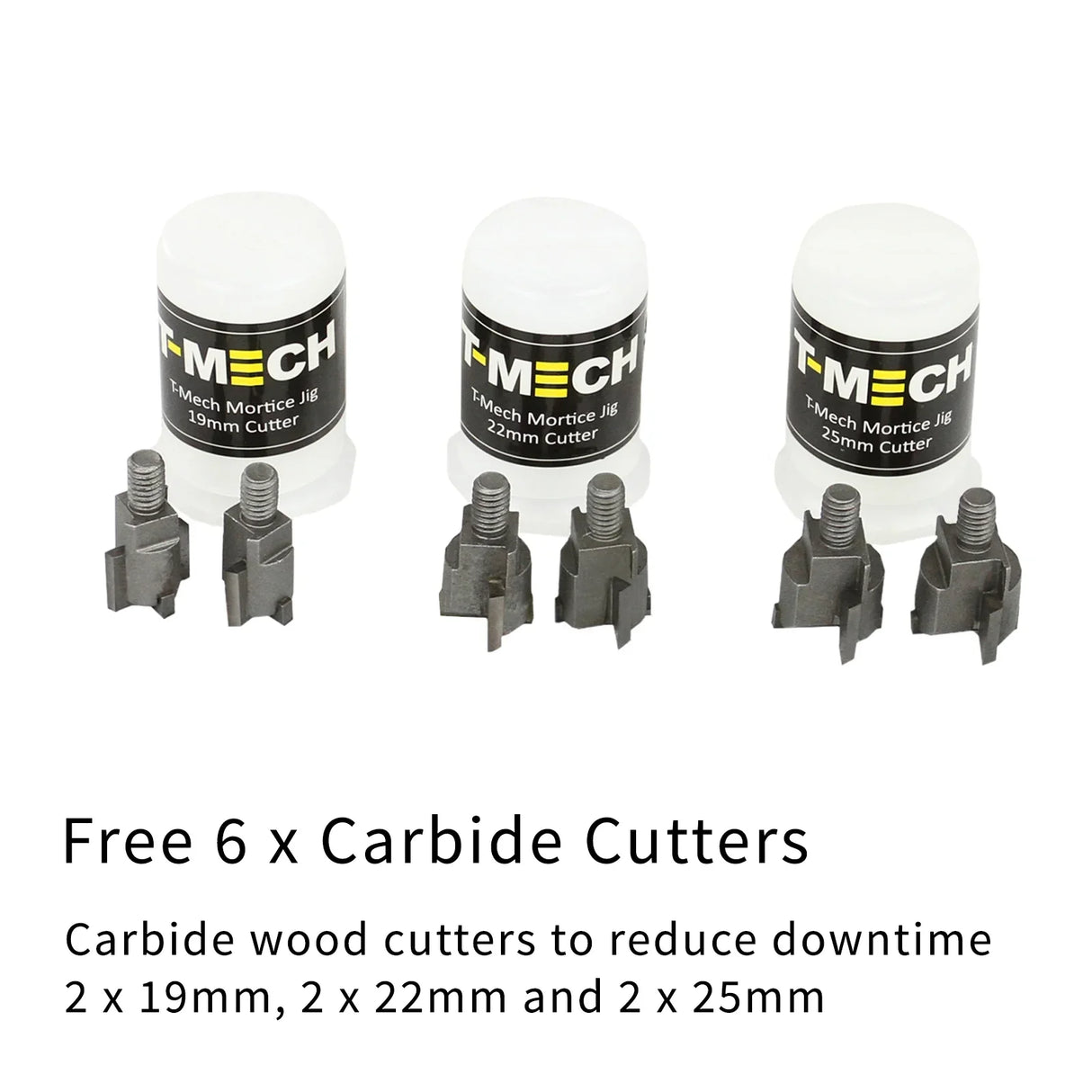 T-Mech Mortice Jig with three carbide wood cutters in white and black, designed for precision cutting of various sizes