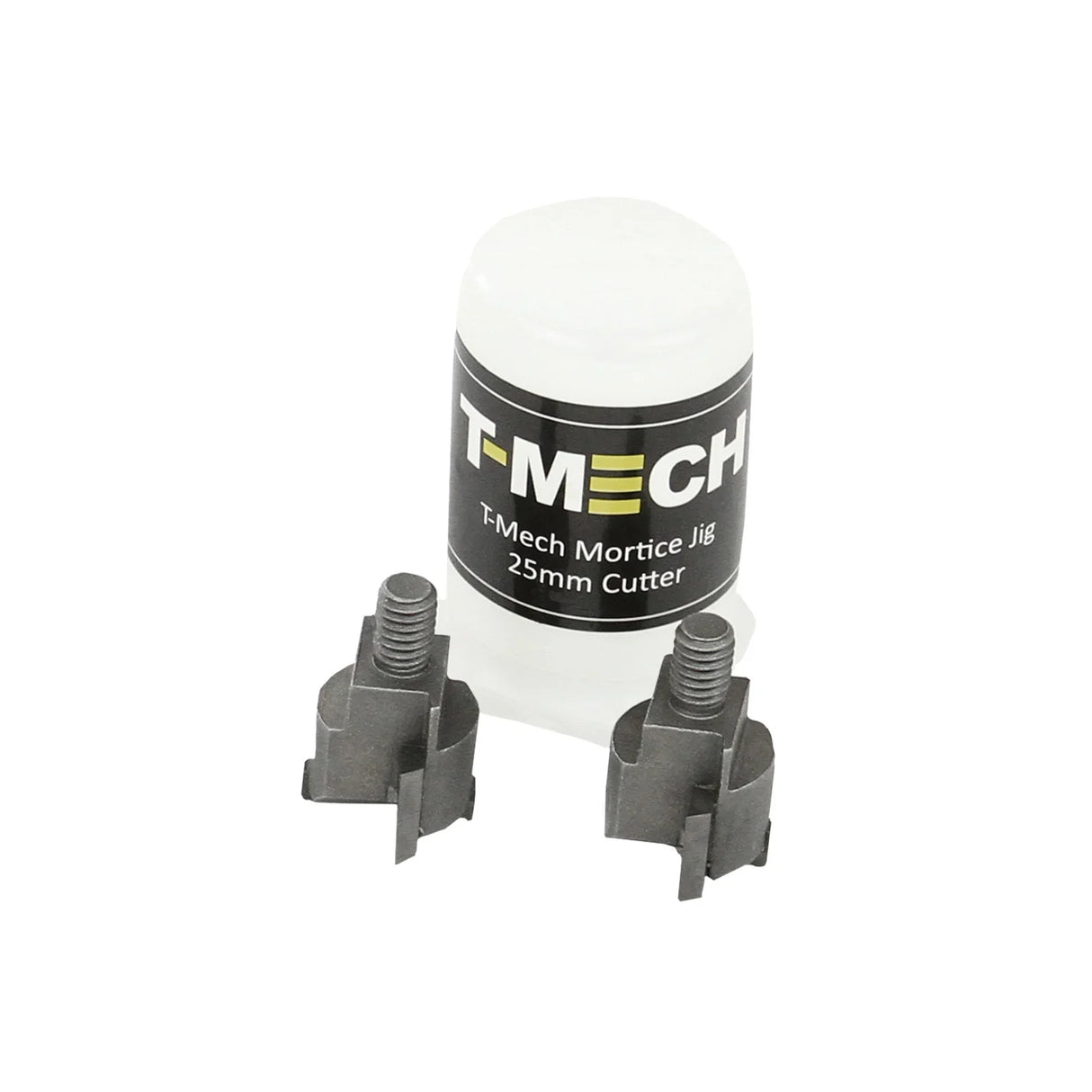T-Mech Mortice Jig set featuring a 25mm cutter and two durable metal guide bushings, designed for precise mortising tasks