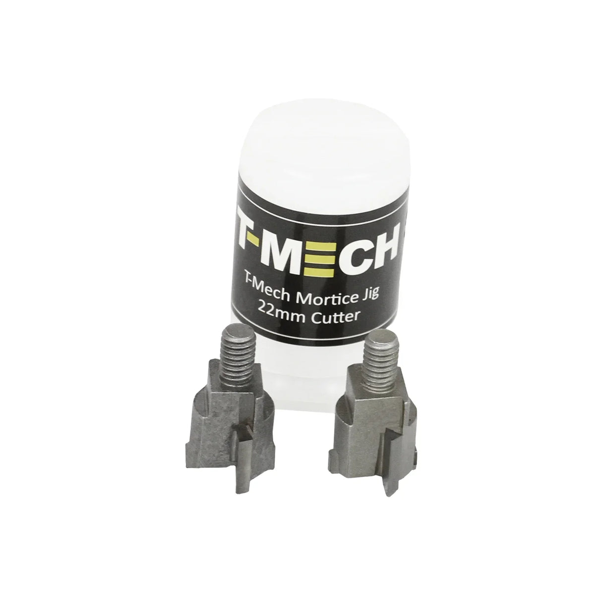 T-Mech Mortice Jig set featuring two durable metal cutters and a protective storage container, ideal for precise woodworking tasks