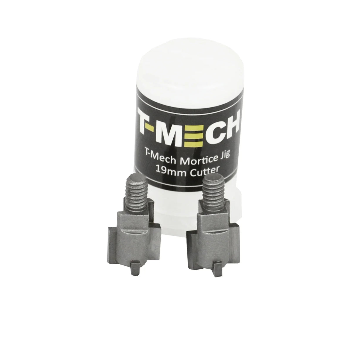 T-Mech Mortice Jig set featuring two durable steel cutters and a protective storage container, ideal for precise woodworking tasks