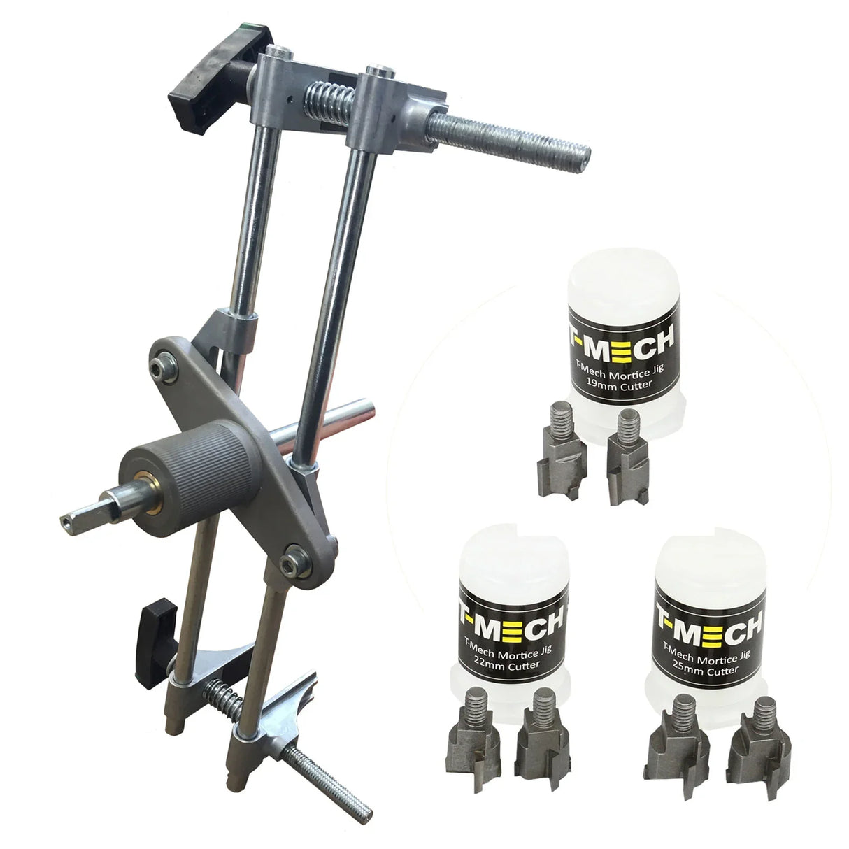 T-Mech Mortice Jig with adjustable clamps, metal construction, and three 22mm cutters for precise mortising tasks