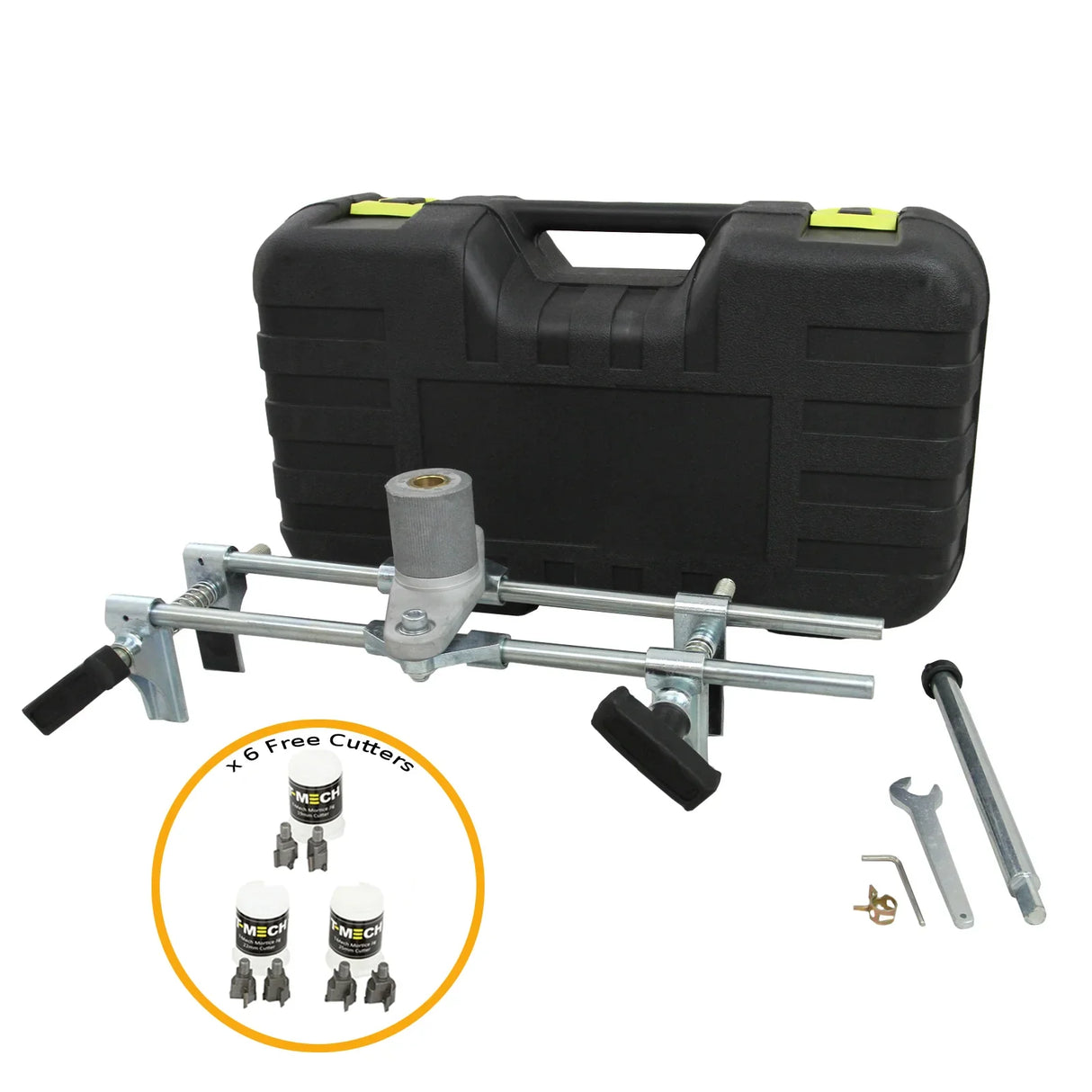 T-Mech Mortice Jig with sturdy metal frame, adjustable clamps, and carrying case, includes six free cutters for versatile use