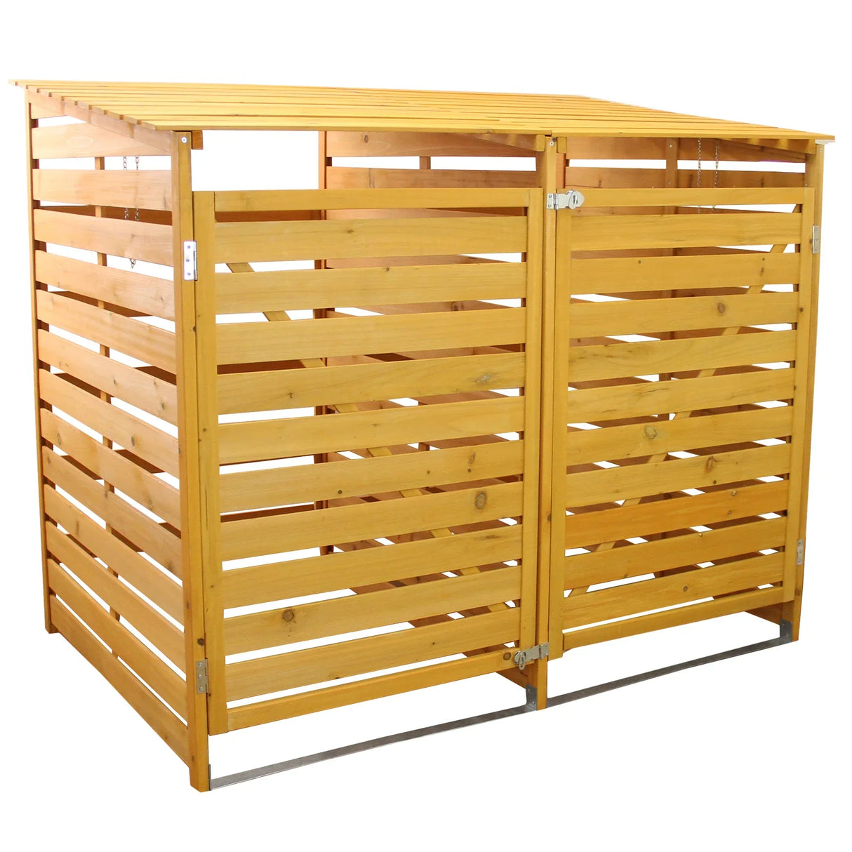 Double wheelie bin storage made of natural wood, featuring a slatted design, a sloped roof, and two separate compartments for bins