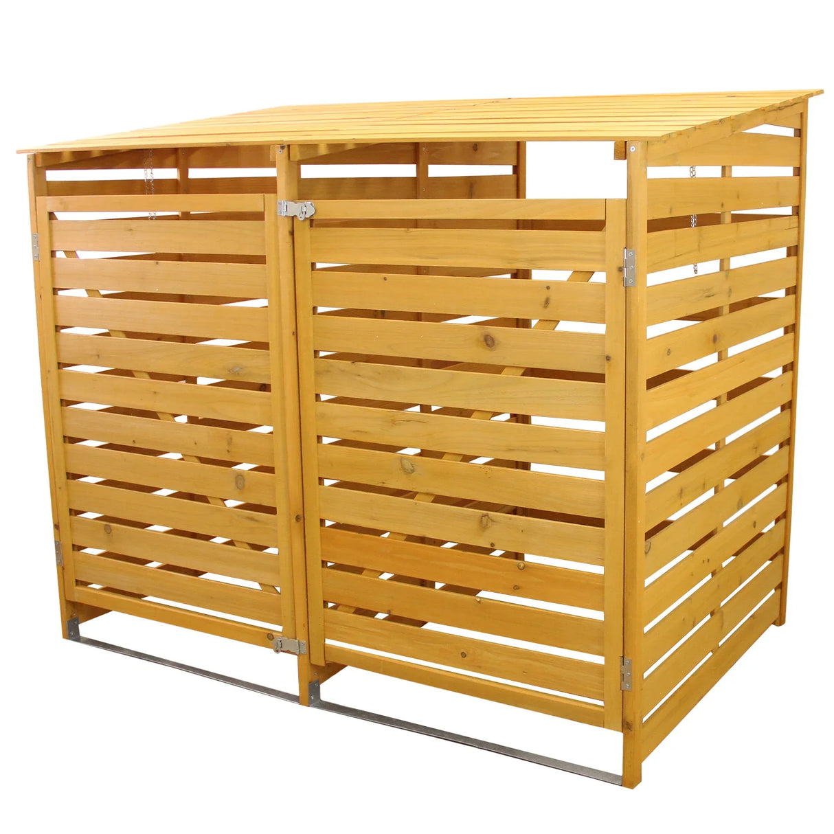 Double wheelie bin storage made of natural wood with a slatted design, featuring a sloped roof and sturdy metal hinges for durability