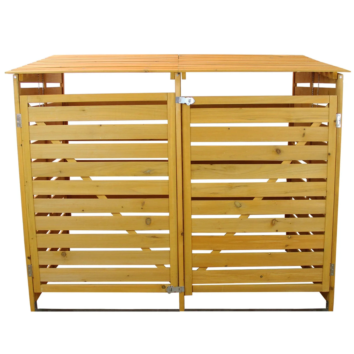 Double wheelie bin storage made of natural wood, featuring a slatted design and a sloped roof for easy access and ventilation
