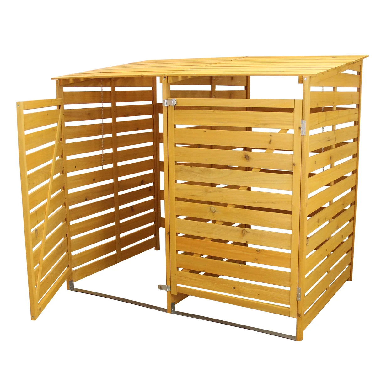 Double wheelie bin storage made of natural wood, featuring slatted design, a sloped roof, and two access doors for easy use