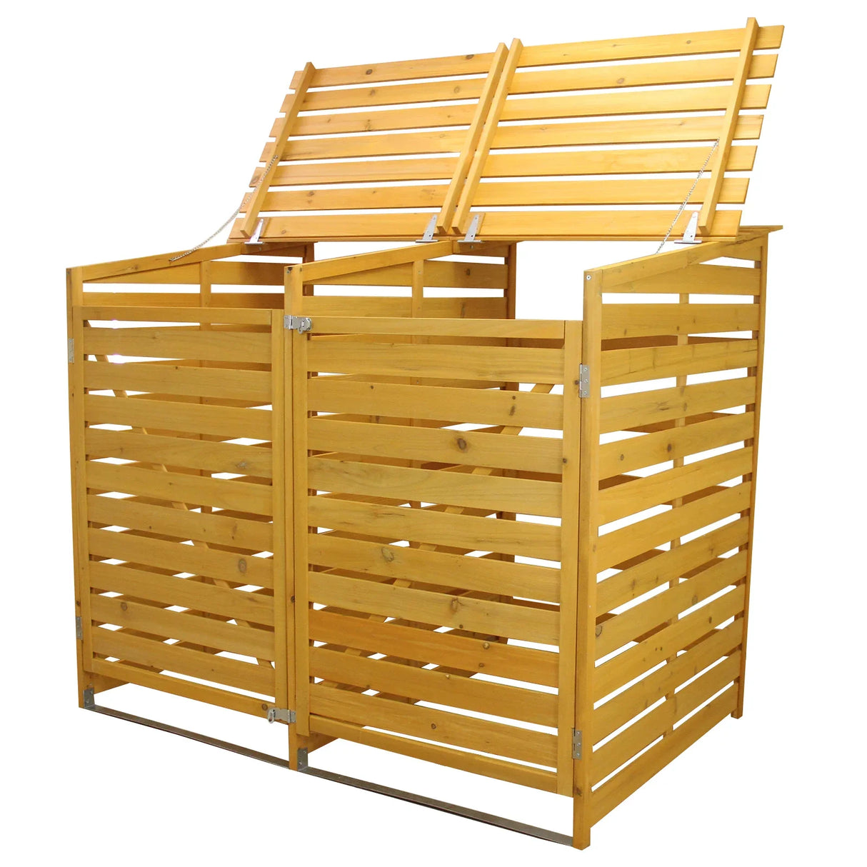 Double wheelie bin storage made of natural wood, featuring slatted design, two compartments, and a sloped roof for easy access