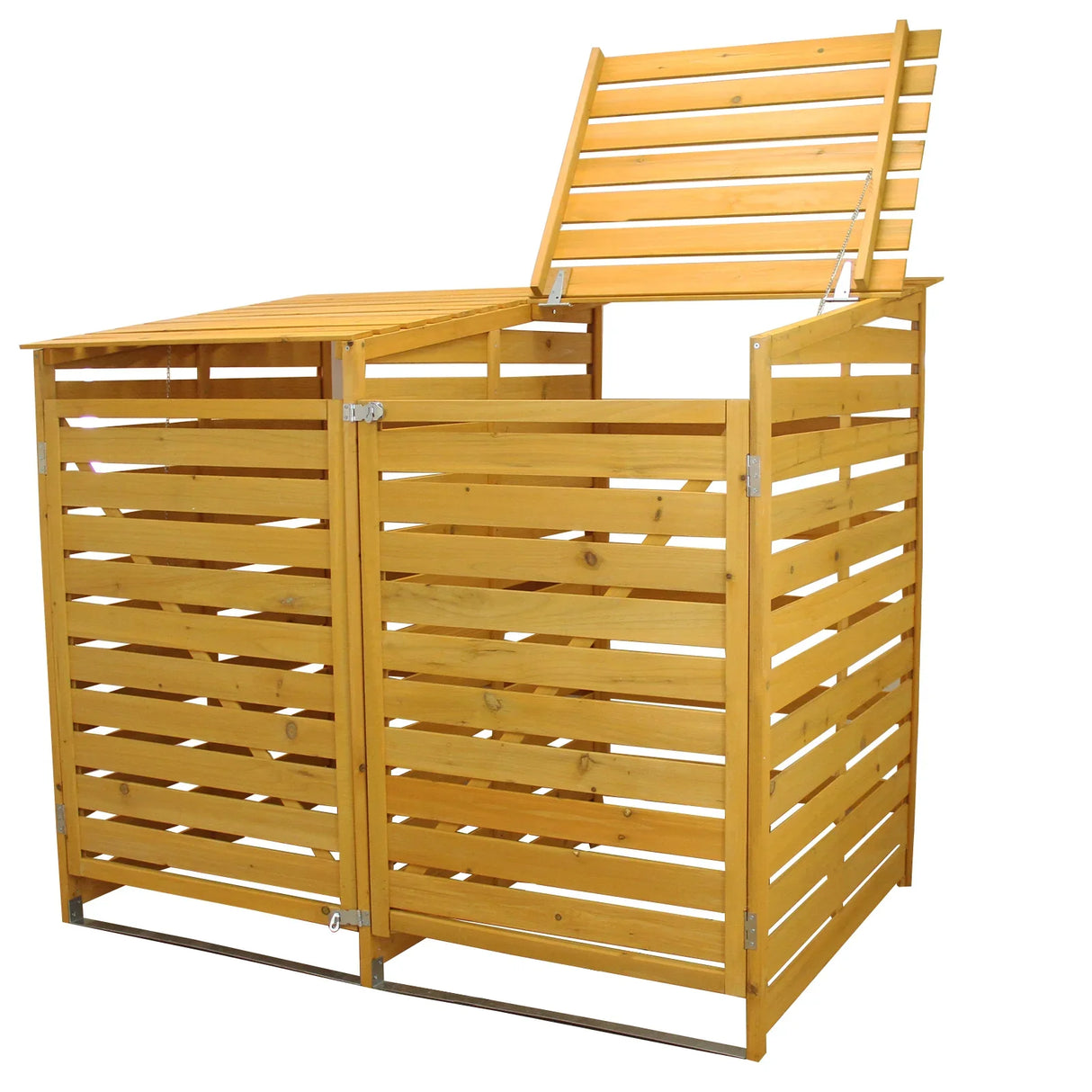 Double wheelie bin storage made of natural wood, featuring slatted design, hinged lid, and spacious compartments for two bins