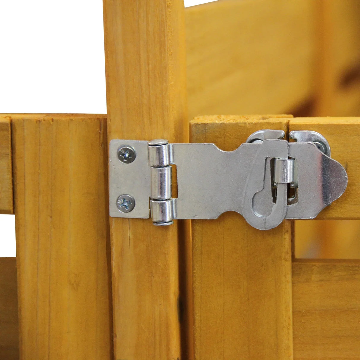 Close-up of a sturdy metal latch on a wooden double wheelie bin storage unit, showcasing its durable construction and secure design