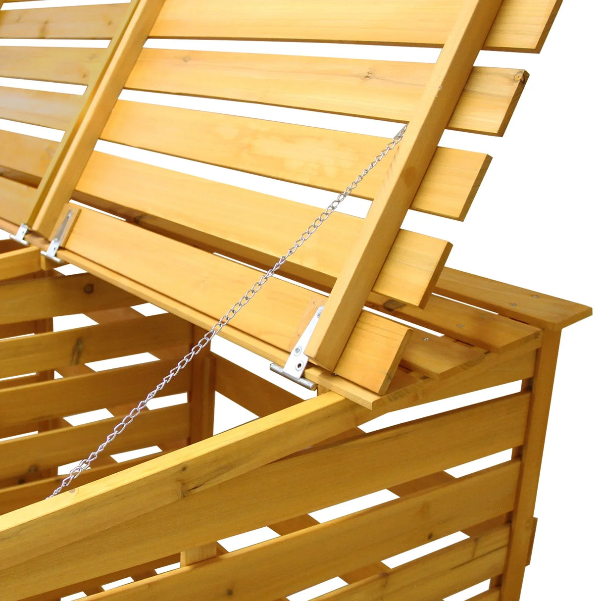Double wheelie bin storage made of natural wood with a slatted design, featuring a hinged lid and chain for easy access