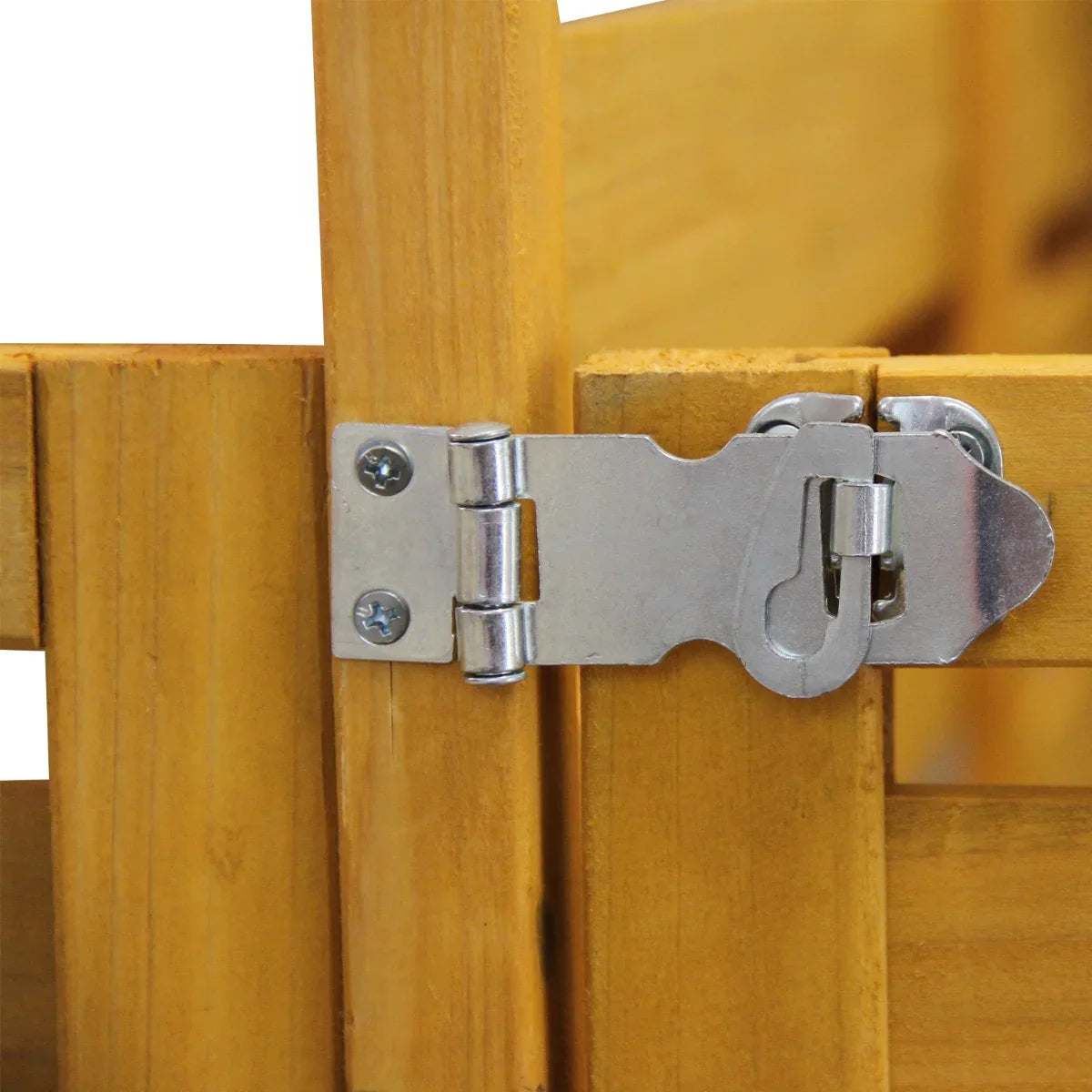 Close-up of a sturdy metal latch on a wooden triple wheelie bin storage unit, showcasing the natural wood grain and craftsmanship