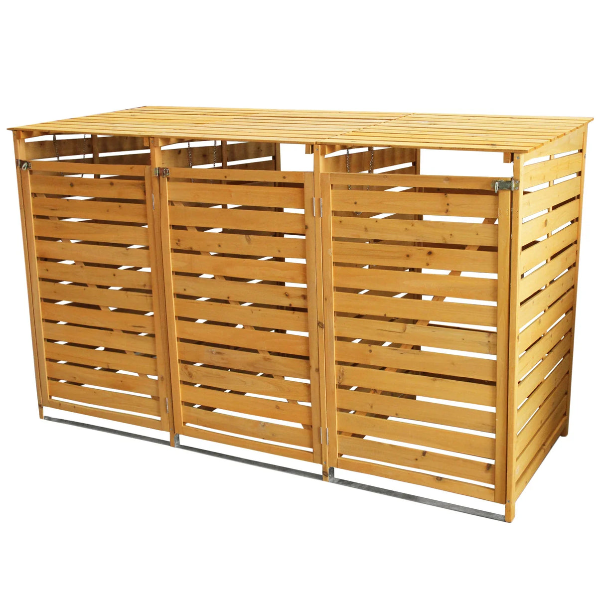 Triple wheelie bin storage made of natural wood, featuring a slatted design, three compartments, and a slatted roof for ventilation