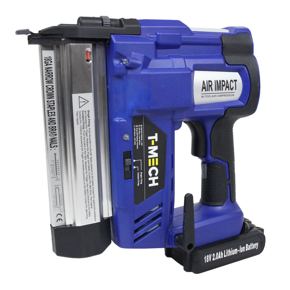 T-Mech Nail & Staple Gun in vibrant blue, featuring a lithium-ion battery, ergonomic grip, and durable metal magazine for easy loading
