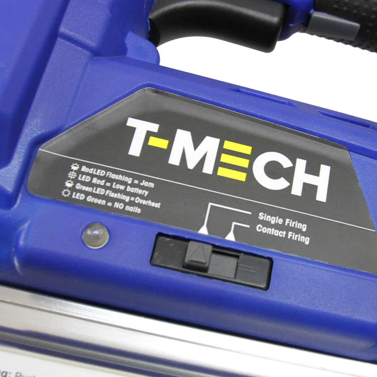 T-Mech Nail & Staple Gun featuring a blue body, control switch, and LED indicators for jam, low battery, and overheating