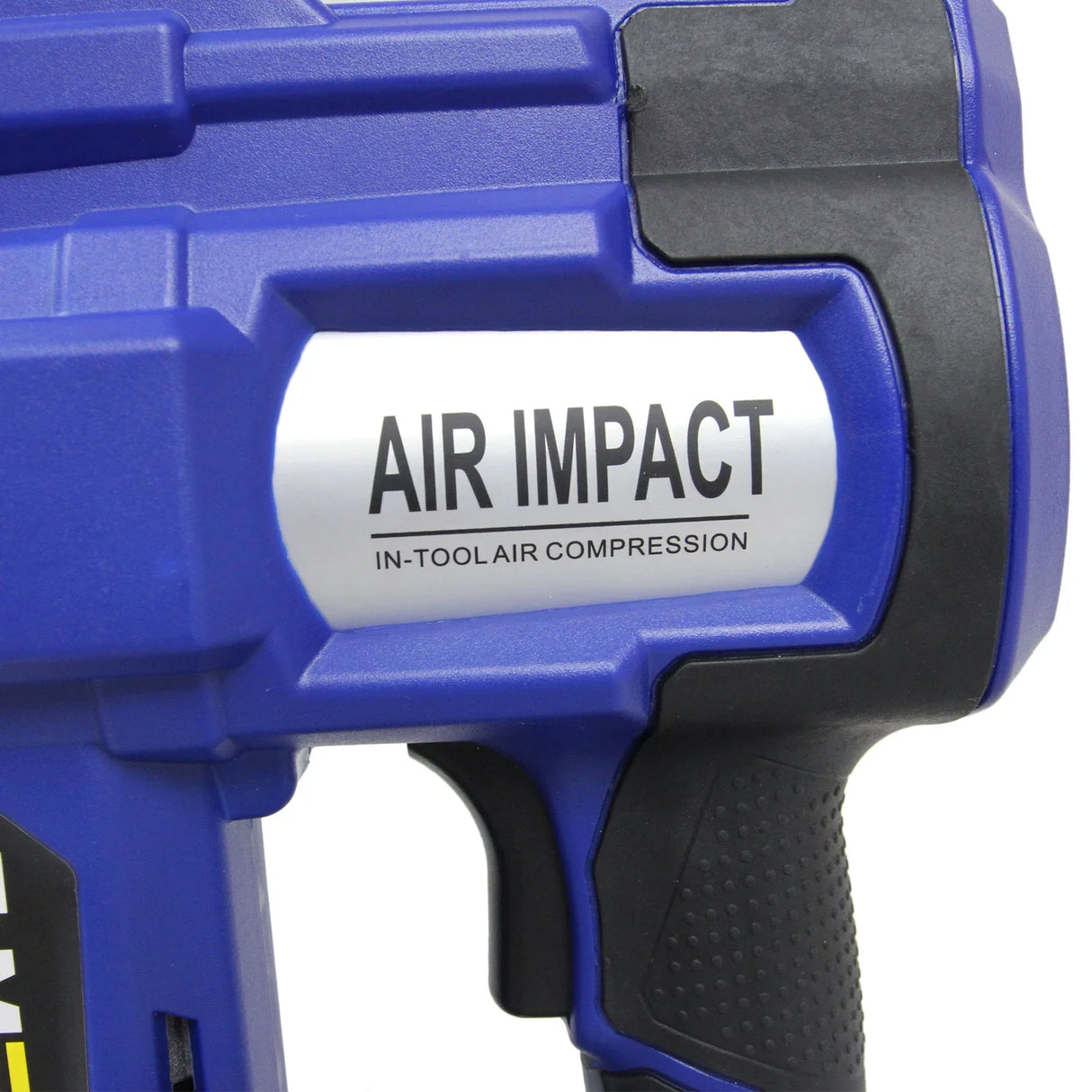 T-Mech Nail & Staple Gun featuring a blue body, textured grip, and an air impact label for in-tool air compression