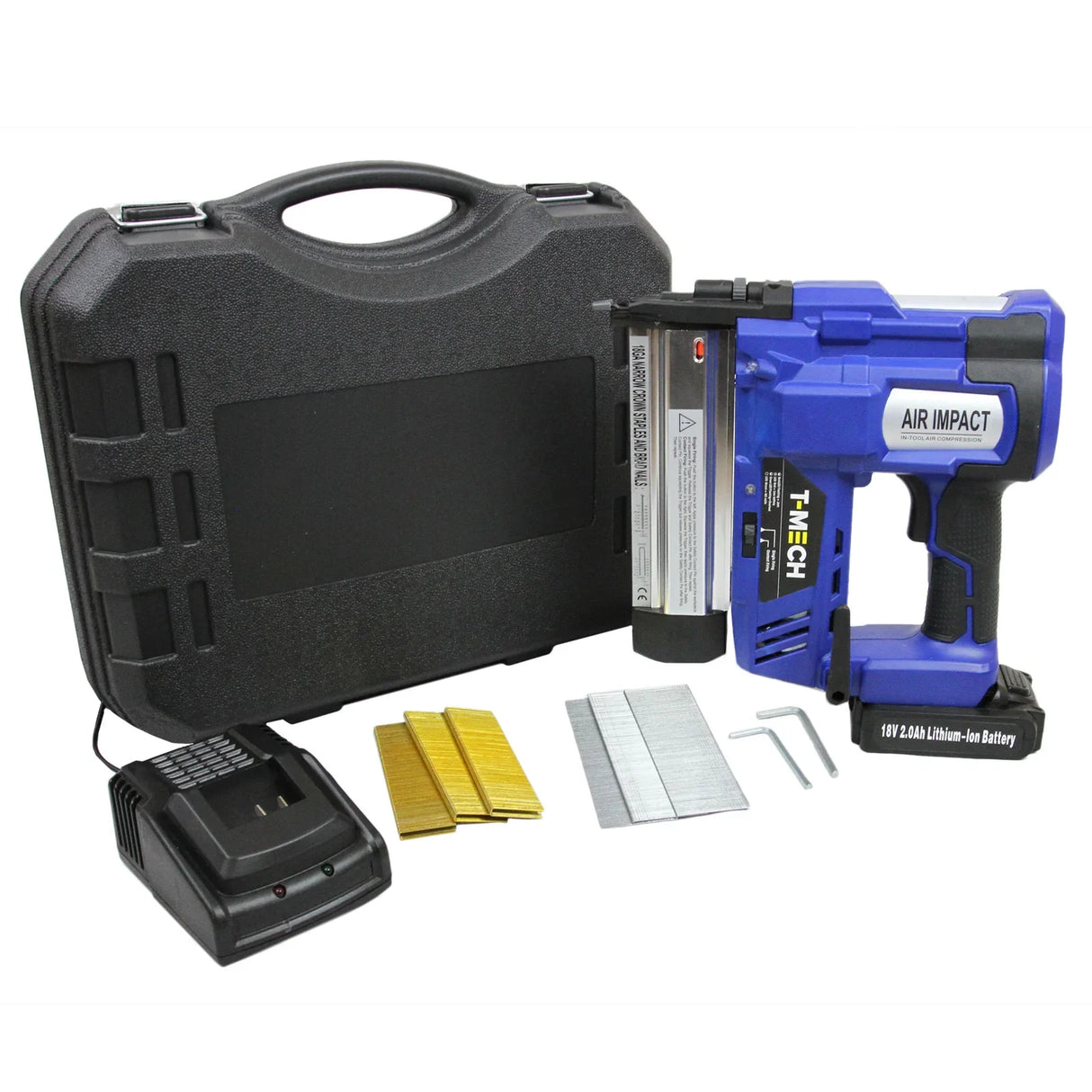 T-Mech Nail & Staple Gun in blue with charger, battery, staples, and nails, all housed in a sturdy black carrying case