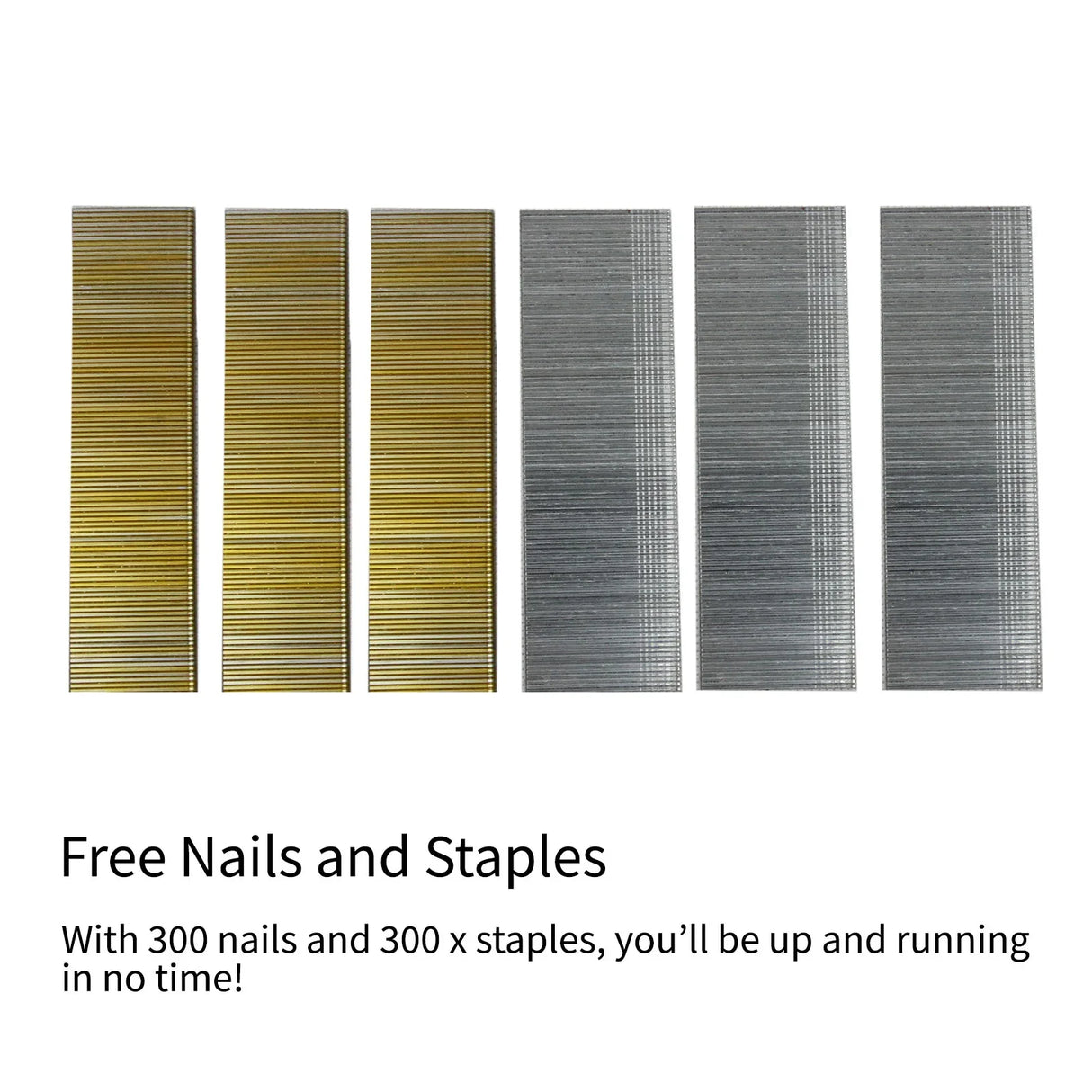 T-Mech Nail & Staple Gun set featuring 300 nails and 300 staples in gold and silver, ideal for various fastening tasks