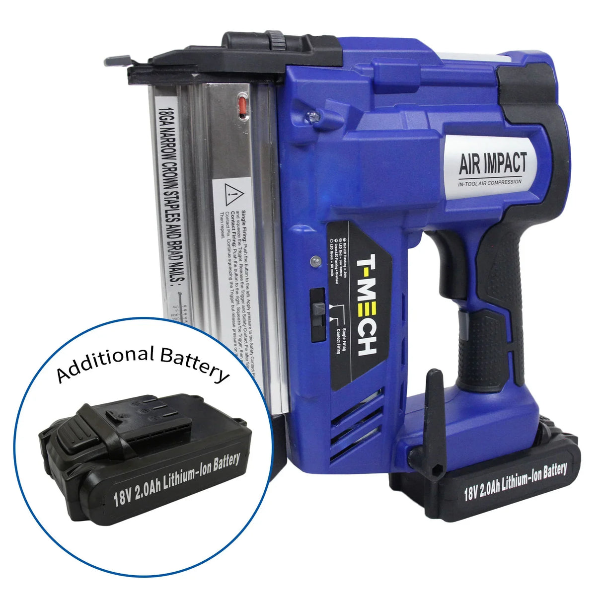 T-Mech nail and staple gun in blue with ergonomic grip, includes an additional 18V 2.0Ah lithium-ion battery for extended use