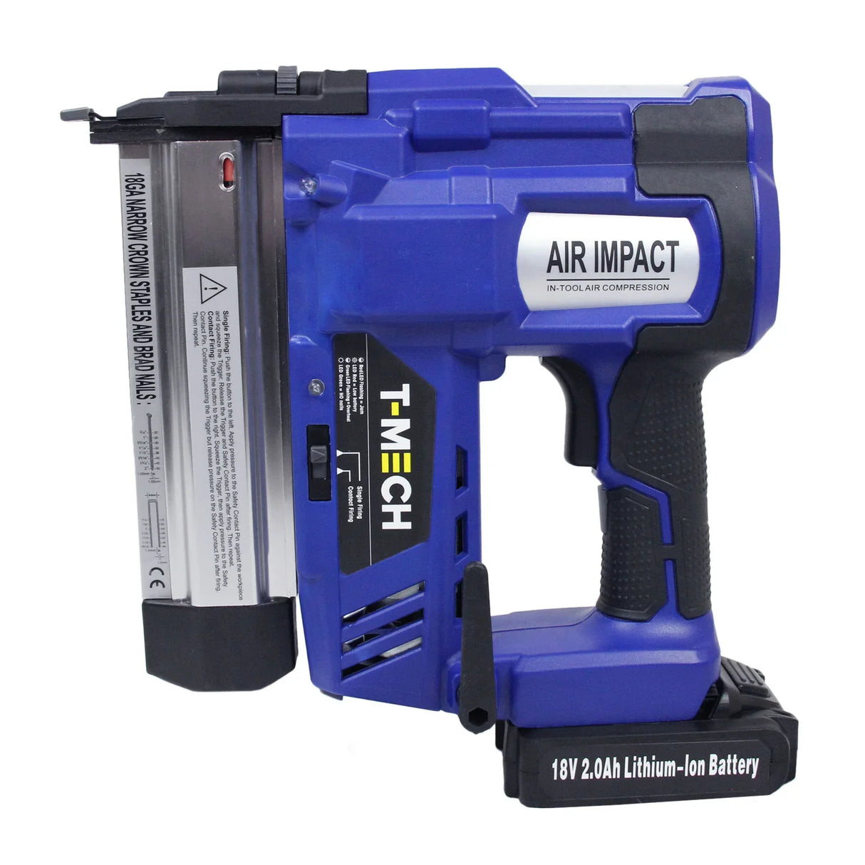 T-Mech nail and staple gun in vibrant blue, featuring a lithium-ion battery, ergonomic grip, and air impact technology for efficient use