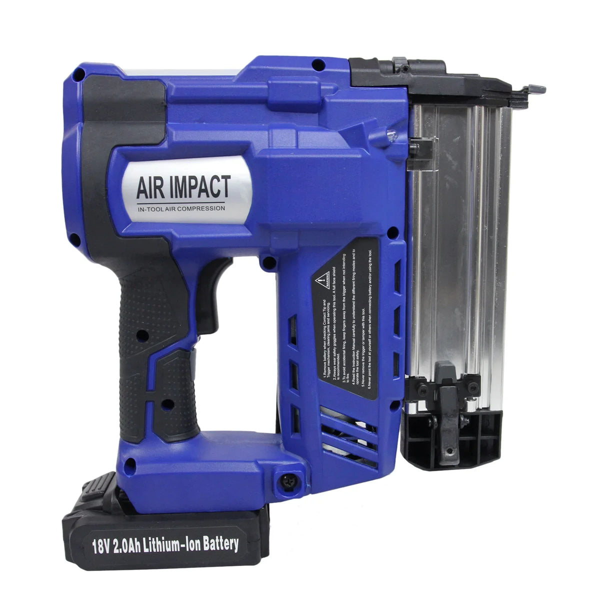 T-Mech Nail & Staple Gun in blue with ergonomic grip, transparent magazine, and included 18V lithium-ion battery for easy use