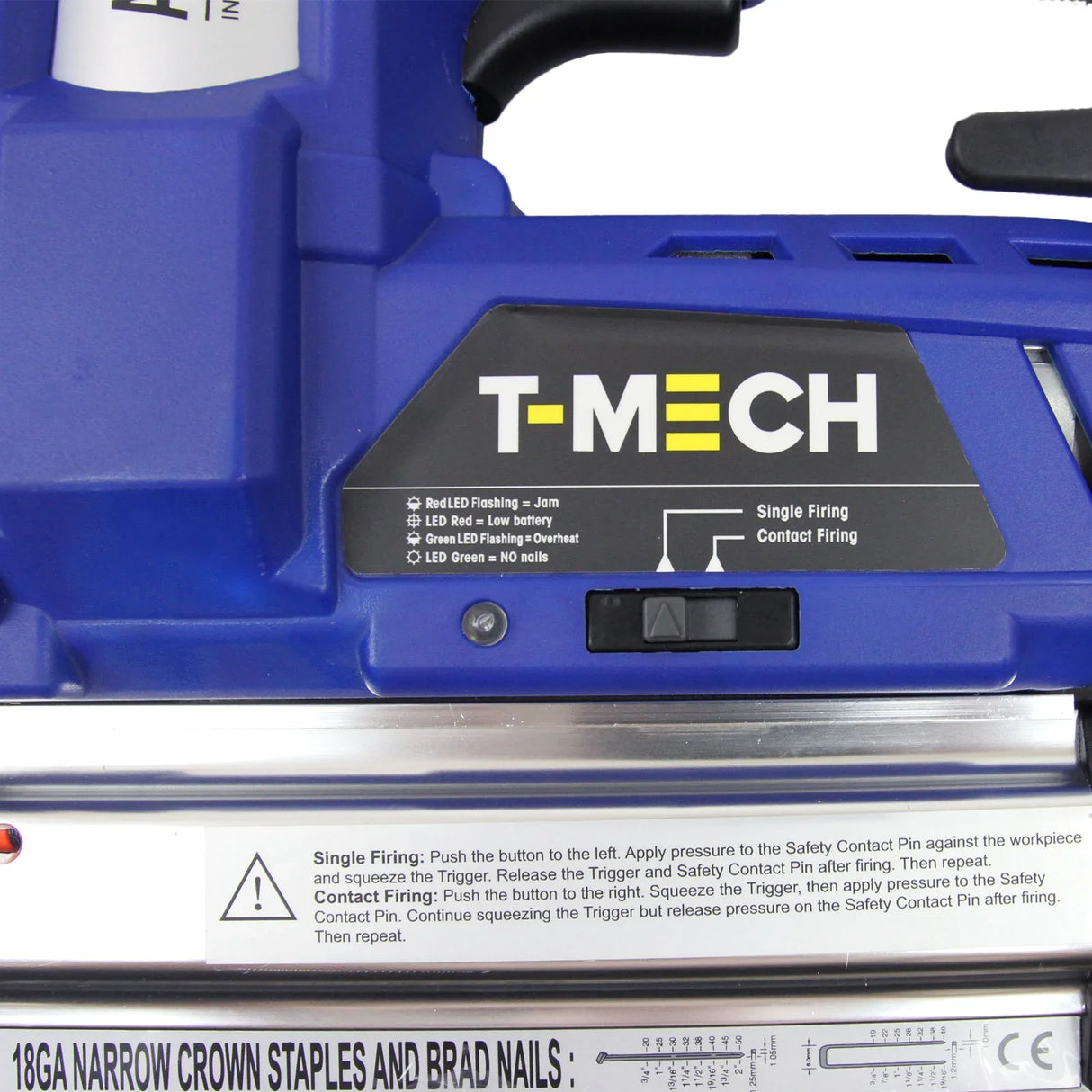 T-Mech nail and staple gun in blue with safety features, LED indicator, and dual firing modes for versatile use