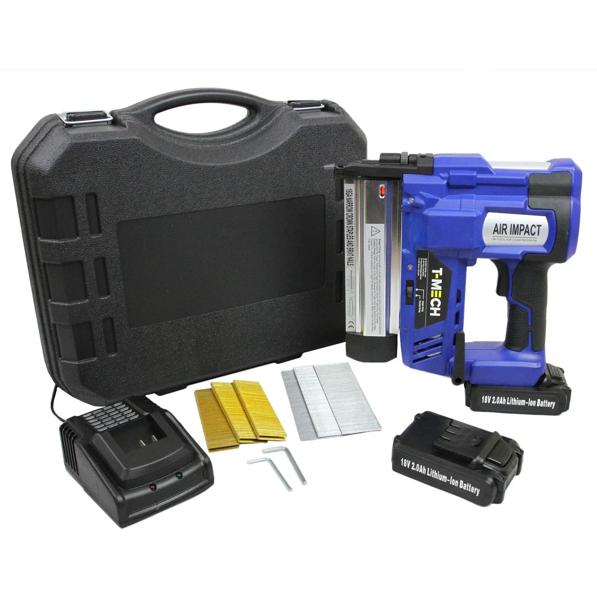 T-Mech nail and staple gun in blue with black accents, includes charger, additional battery, staples, and a sturdy carrying case
