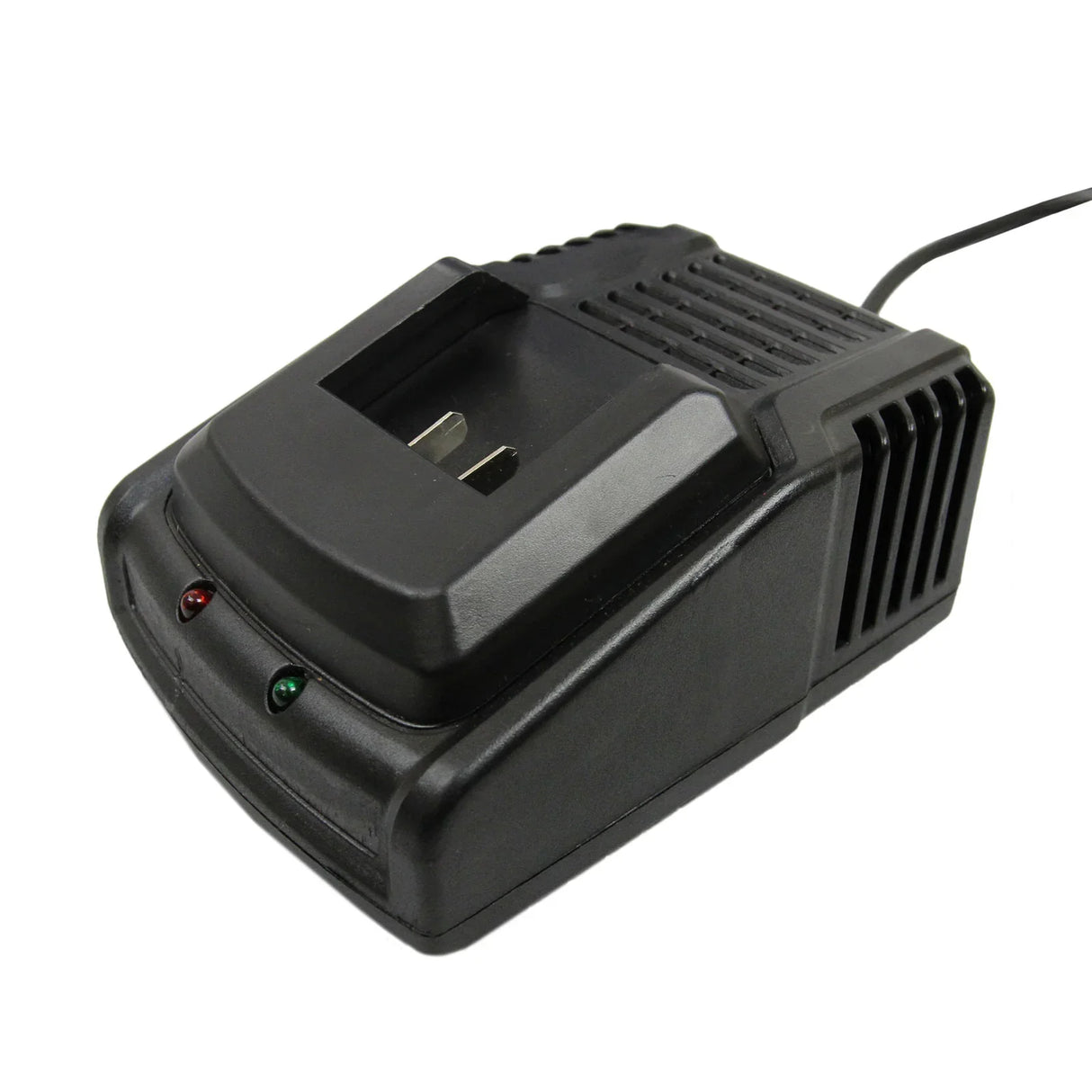 T-Mech nail and staple gun battery charger in black, featuring LED indicator lights and a compact design for easy storage