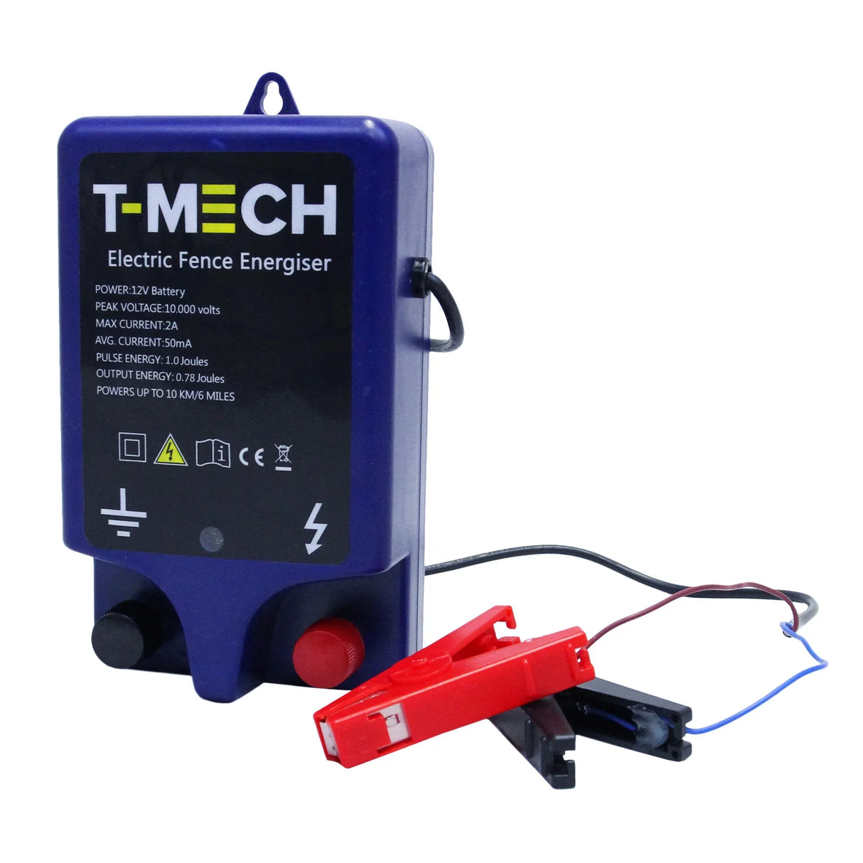 T-Mech Electric Fence Energiser in blue with red and black clips, designed for powering electric fences up to 10 miles