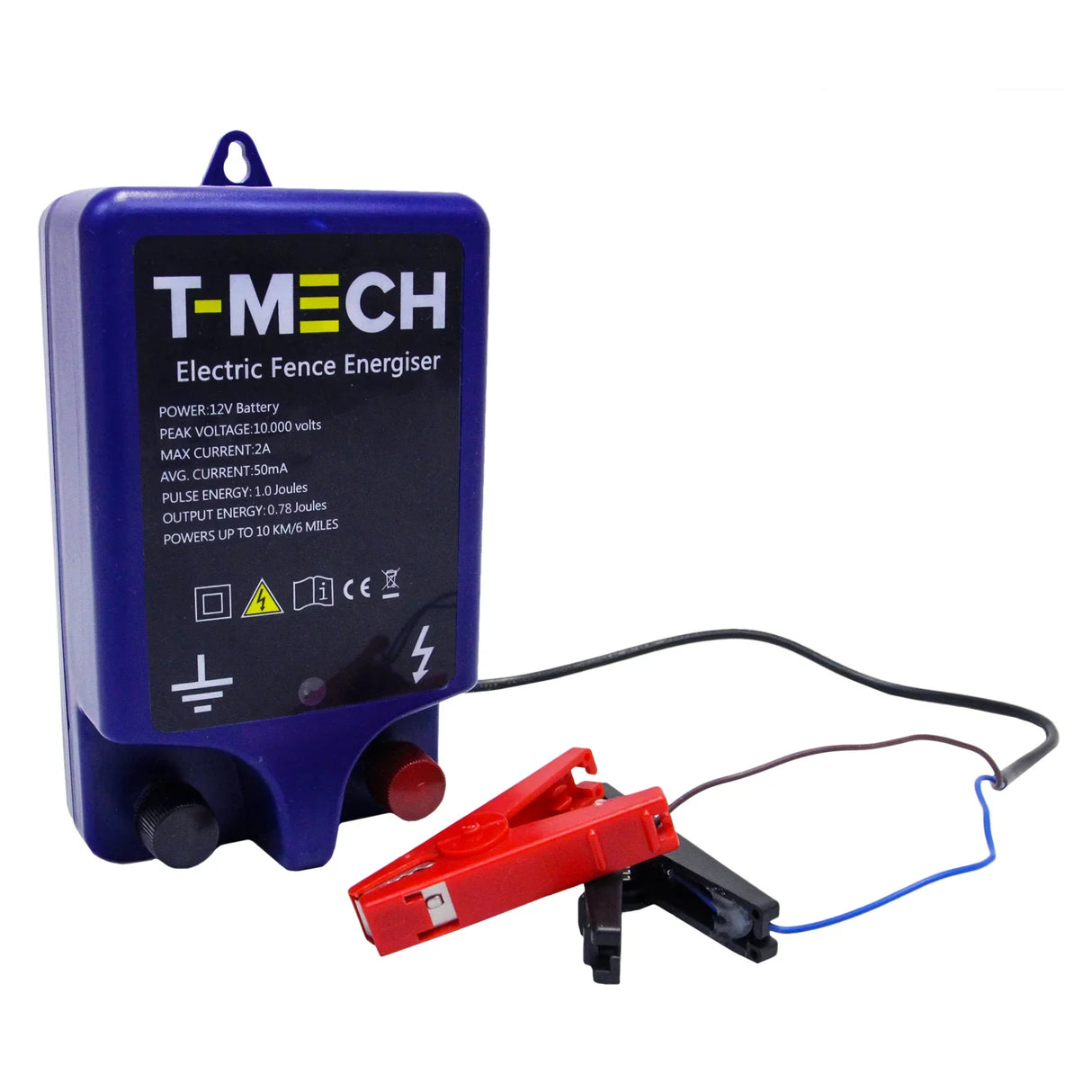 T-Mech Electric Fence Energiser in blue with red and black clips, designed for effective livestock fencing, compact and durable