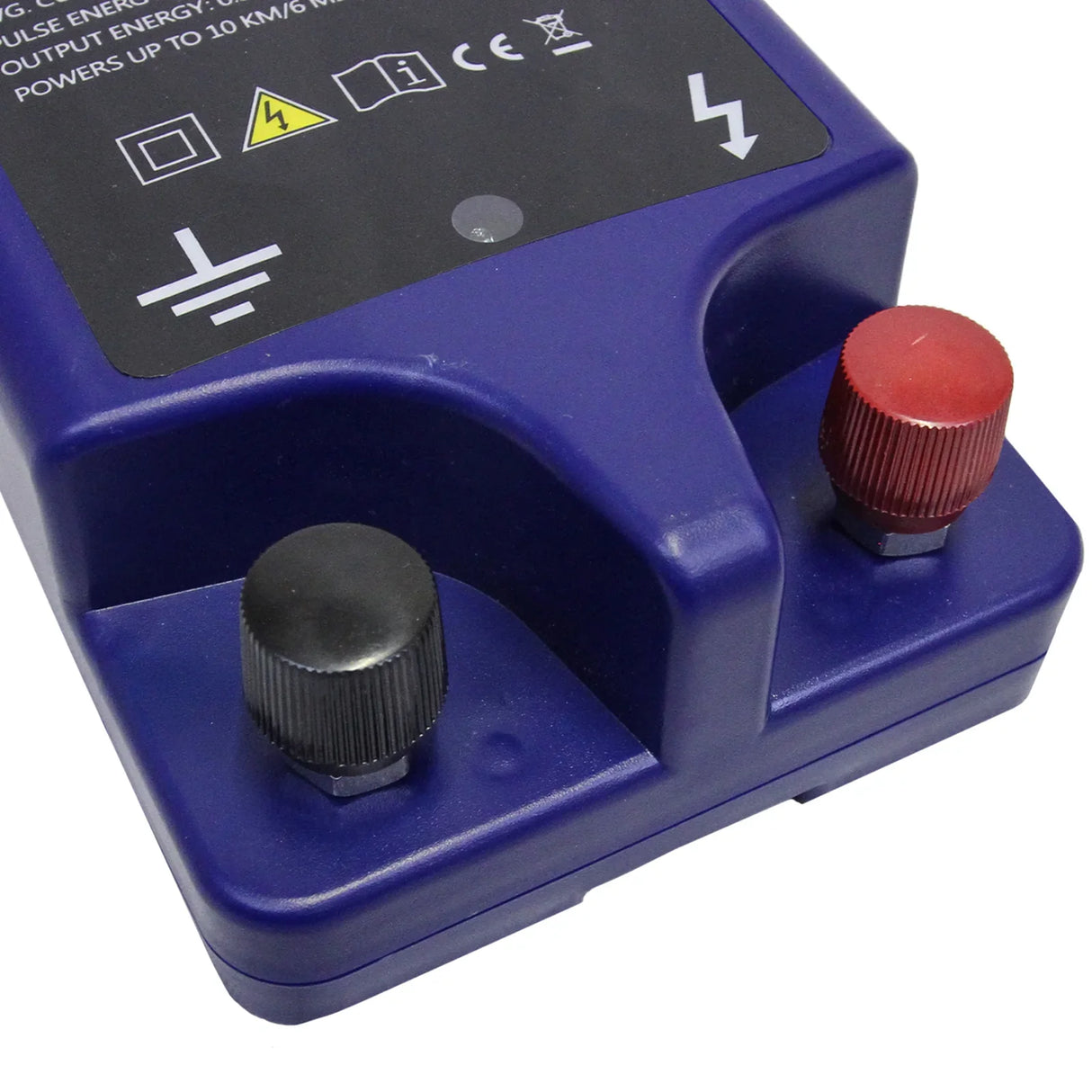 T-Mech Electric Fence Energiser in purple with black and red terminals, designed for powering fences up to 10 km, compact and durable