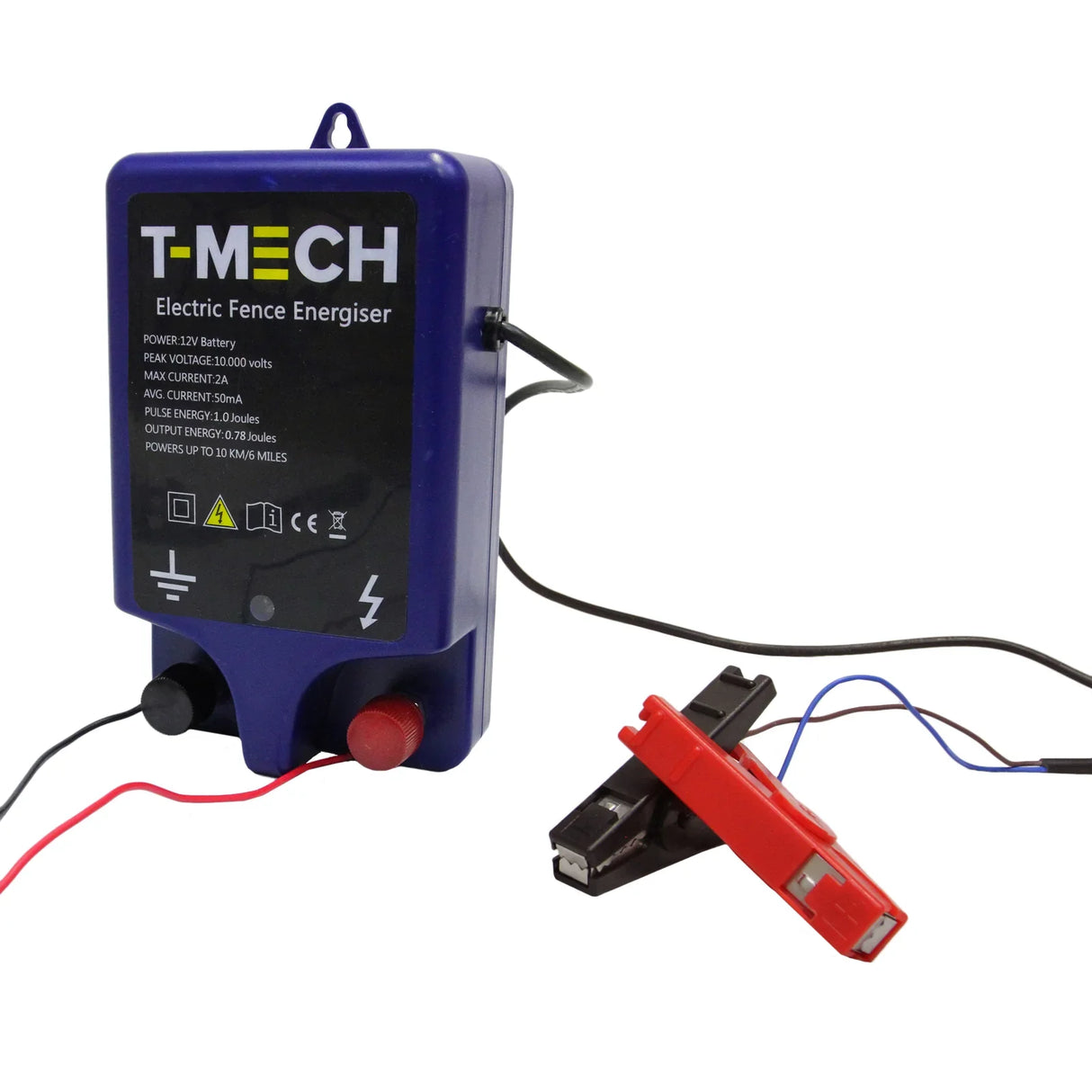 T-Mech Electric Fence Energiser in blue with red and black connectors, designed for powering electric fences up to 3 miles
