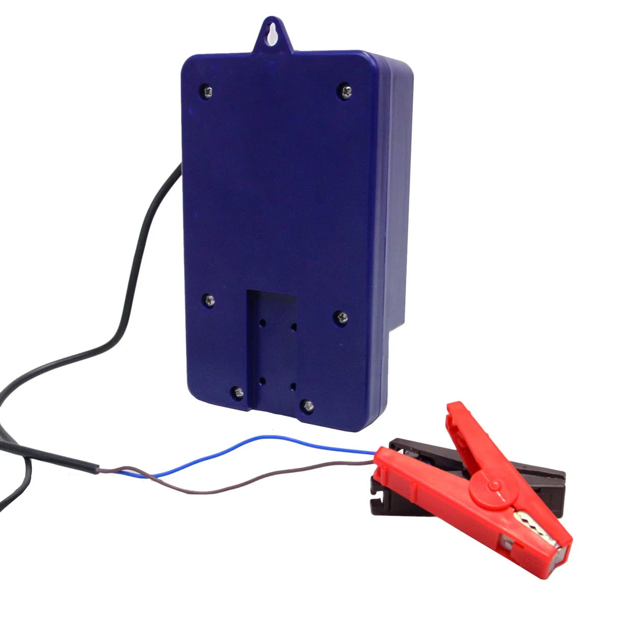 T-Mech Electric Fence Energiser in blue plastic housing with red and black clips for easy connection to power source