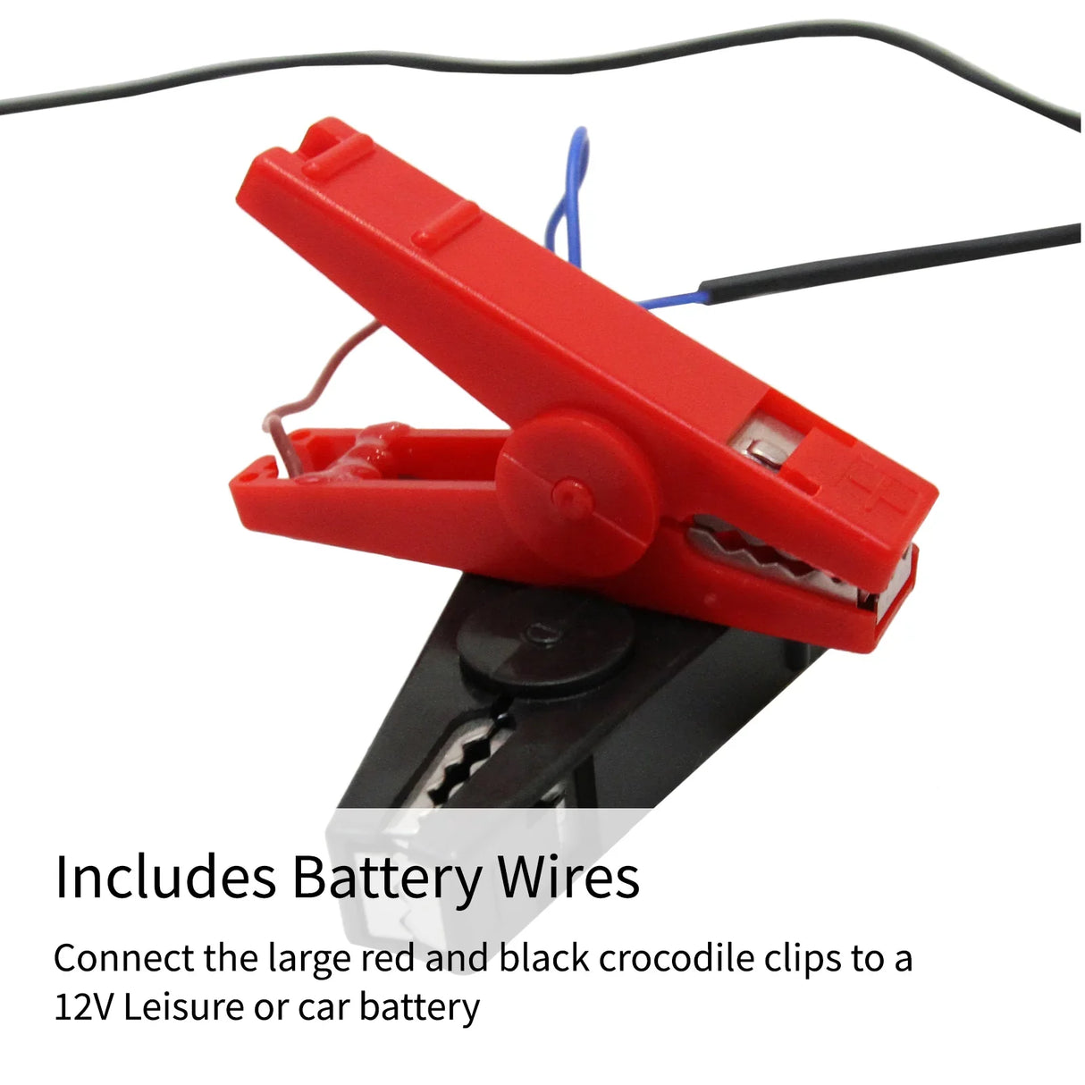 Red and black crocodile clips for connecting T-Mech Electric Fence Energiser to a 12V leisure or car battery, showcasing durable materials