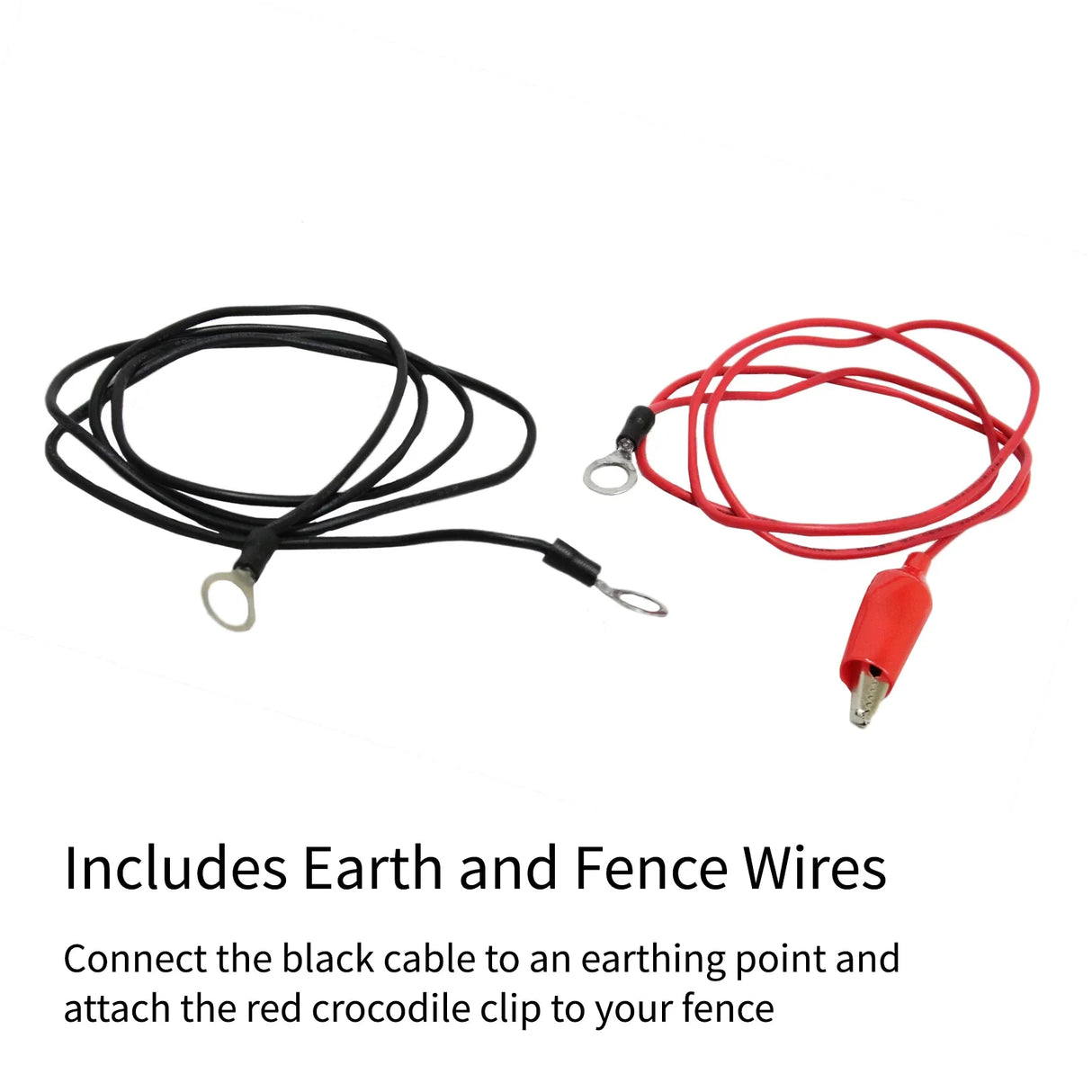 Black and red cables for T-Mech Electric Fence Energiser, featuring ring terminals and a crocodile clip for easy attachment