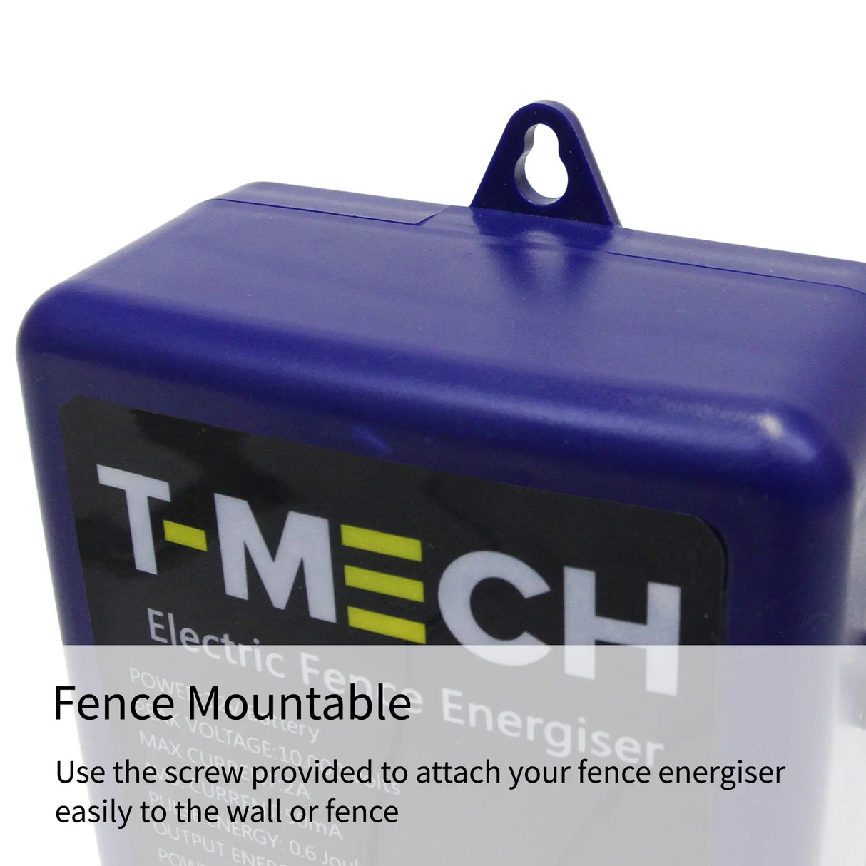 T-Mech Electric Fence Energiser in blue plastic housing, featuring a mounting point and clear labeling for easy installation