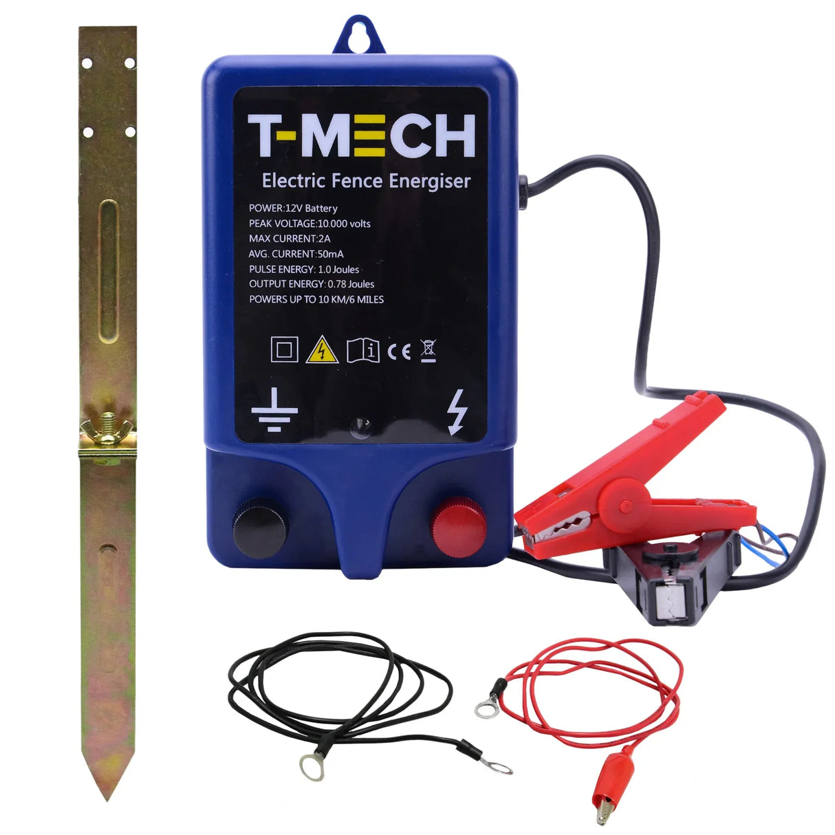 T-Mech Electric Fence Energiser in blue housing with red clips, includes grounding stake and cables for easy installation and use