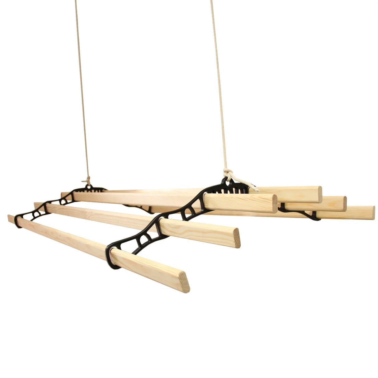 Ceiling pulley clothing airer in black with wooden drying rods, featuring a sleek design and adjustable height for efficient drying