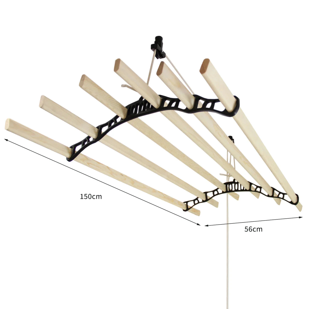 Ceiling pulley clothing airer in black with five wooden drying rods, measuring 1.5m long and 56cm wide, ideal for space-saving laundry drying